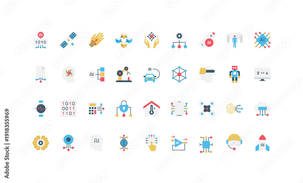 Naklejka premium Modern flat icons representing artificial intelligence, machine learning, robotics, automation, neural networks, and digital innovation in technology isolated vector illustration