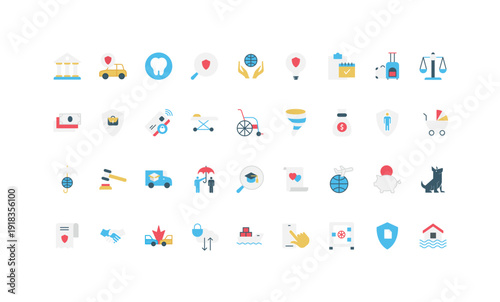 Insurance, protection for family and kids health, life and money, travel color icon set. Security shield and umbrella protect and support cargo delivery, contract, luggage flat vector illustration