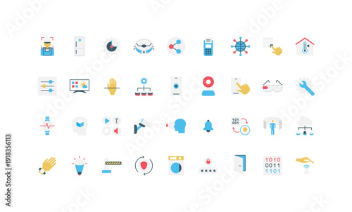 Modern flat icons representing internet of things technology smart devices automation connectivity and digital innovation for web apps presentations and infographics vector illustration