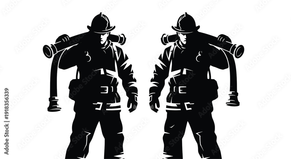 Obraz premium Two firefighters in silhouette carrying hoses on their shoulders