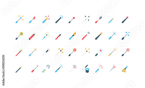 Colorful simple flat magic wand icons for fantasy, magic, UI, game design, and creative projects isolated on white background vector illustration