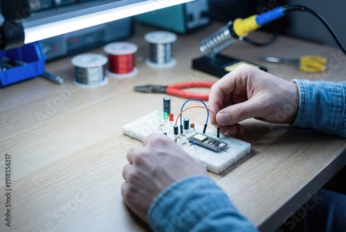 Electronics hobbyist or student prototyping a circuit on a breadboard with wires and components.
