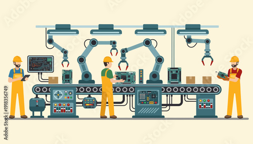 Illustration of factory workers operating industrial robotic arms on an assembly line with a blue and yellow color scheme.