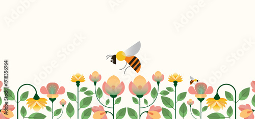 Flat spring floral illustration with blooming pastel flowers, green leaves and flying bees on light background, panoramic composition ideal for seasonal greeting cards, banners and wallpapers.
