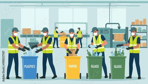 Illustration of workers sorting recyclables into labeled bins in a warehouse