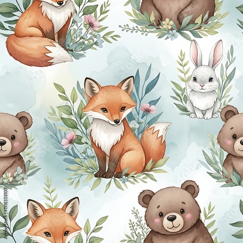 Seamless pattern of cute watercolor forest animals like foxes and bears surrounded by foliage and flowers.