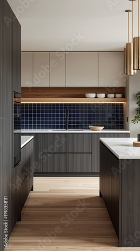 Elegant kitchen design with dark cabinets, gold fixtures, and navy blue tiles