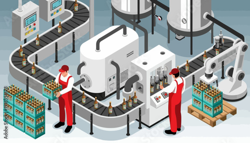 Isometric illustration of factory workers operating a beverage production line with machinery and conveyor belts