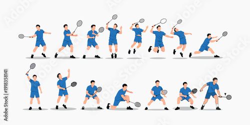Dynamic Collection of Male Badminton Player Poses Demonstrating Various Action Shots, Serves, and Smashes in Flat Illustration Style