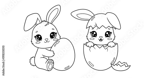 Cute Easter Bunny Character Set with Baby Rabbit Hatching from Egg Shell Outline for Kids Coloring Page and Holiday Activity