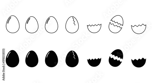 Egg Silhouette and Outline Icon Set with Whole and Cracked Shells for Cooking Breakfast and Farming Graphic Design