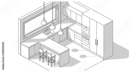 Modern Kitchen Interior Isometric Plan with U-Shaped Counter Breakfast Bar Built-in Appliances and Pendant Lighting Line Art