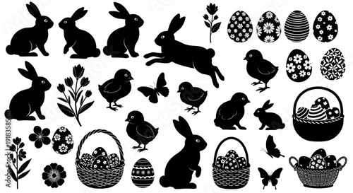 Easter Silhouette Mega Set with Black Bunnies Chicks Decorated Eggs and Spring Flower Baskets for Holiday Graphic Design