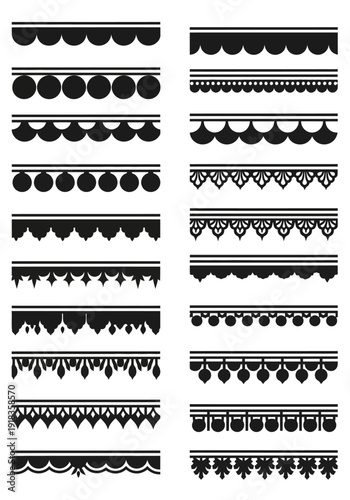 Black Lace Scalloped Border Silhouette Set with Decorative Ornate Dividers and Geometric Trim for Stationery and Craft Design