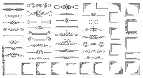 Ornamental Calligraphic Divider and Corner Set with Elegant Flourishes and Filigree Lines for Wedding Stationery Design