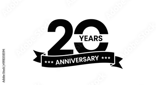 20 Years Anniversary Logo with Black Number and Ribbon Banner for Business Milestone and Celebration Event