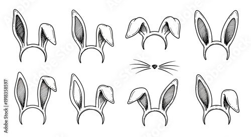 Hand Drawn Easter Rabbit Ears Headband Set with Bunny Whisker Pointers for Festive Photo Booth Props and Spring Party Decor