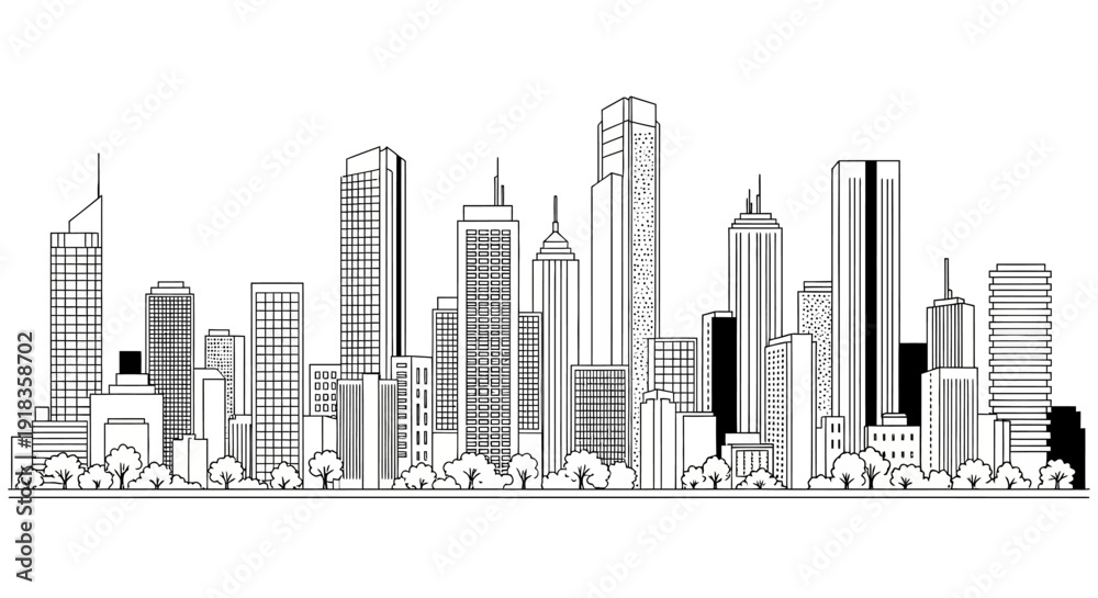 Fototapeta premium Modern City Skyline Panorama with Skyscraper Buildings in Minimalist Black and White Line Art Outline Vector