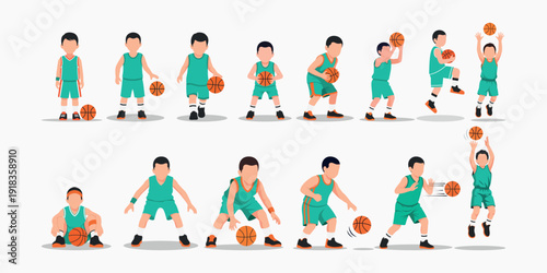 Diverse Cartoon Illustrations of Young Boys Engaged in Various Basketball Actions and Poses, Showcasing Different Sports Skills and Dynamic Movements