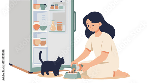 Girl feeding cat near open fridge on a transparent background