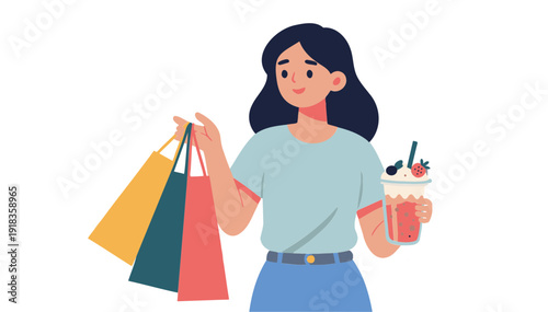 Woman holding shopping bag and smoothie cup on a transparent background