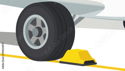 Airplane wheel chocked with rubber block on a transparent background