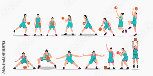 Dynamic illustration of female basketball player in various poses and actions, showcasing athleticism and energy