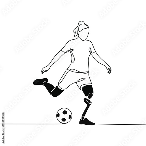 Disabled Female Soccer Player with Prosthetic Leg Minimal Line Art Vector Illustration