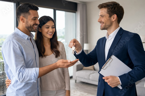 Real estate agent handing house keys to happy couple in modern apartment, home purchase agreement, mortgage approval and new property closing