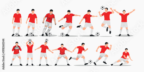 Collection of Illustrated Male Soccer Players in Dynamic Poses with Footballs, Engaged in Various Actions from Kicking to Celebration