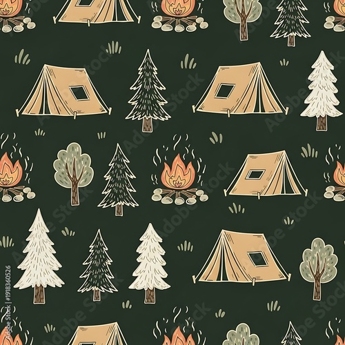 Seamless pattern of camping tents, pine trees, and campfires in a forest setting, perfect for outdoor adventure themes.