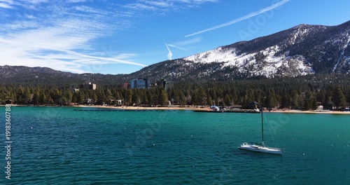 South Lake Tahoe, CA, USA - 02-15-2026  Aerial video of South Lake Tahoe, California and Stateline, Nevada on a winter afternoon.  
