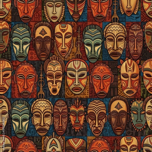 Vibrant Collection of African Tribal Masks in a Repeating Pattern.