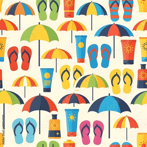 Seamless pattern of colorful beach essentials including umbrellas and sunscreen bottles.