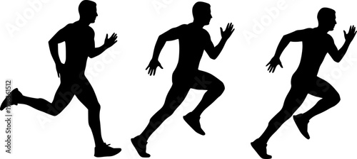 Set of three black silhouettes showing a male athlete running in different motion stages for sports fitness marathon and healthy lifestyle designs.
