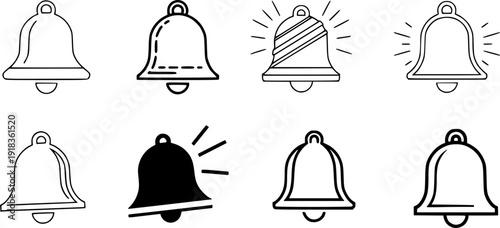Notification bell icon logo in stroke lines collection vector silhouette illustration isolated on white background 
