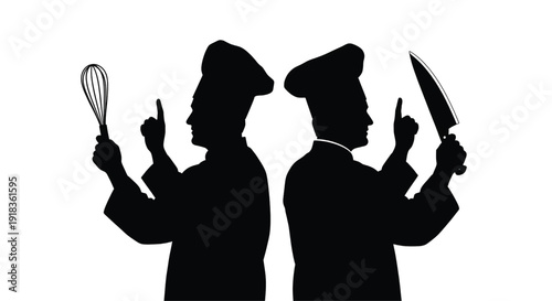 Two chefs in silhouette holding kitchen utensils and pointing upwards