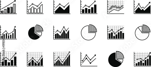 Business performance charts and pie analytics icons set, financial growth bar graphs line trend diagrams collection for corporate dashboard report design, Vector illustration