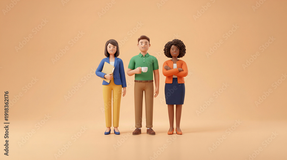 Obraz premium 3D Cartoon Office Team of Three Colleagues with Folder and Coffee Cup, Diverse Business People on Soft Beige Background with Copy Space
