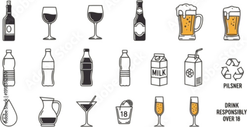 Professional beverage and glass bottle line icon set featuring alcohol containers wine carafes beer glasses soda bottles and various liquid packaging symbols vector 
