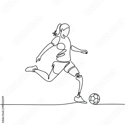 Adaptive Female Soccer Player with Prosthetic Leg Continuous Line Vector Illustration