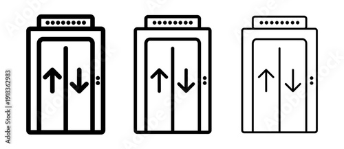 Elevator icon with up and down arrows in outline style. Lift symbol shown with different line thicknesses. Minimal vector icon isolated.