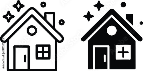 Comparison of Outline and Solid Clean House Icons, Monochrome Graphic Set: Sparkling Home and Residential Care, vector, illustration, silhouette.