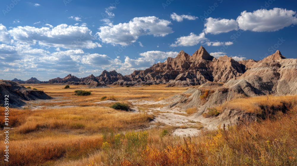 Obraz premium Summer landscape with nature dry grass and rugged mountain under bright blue sky filled with clouds creating peaceful scene
