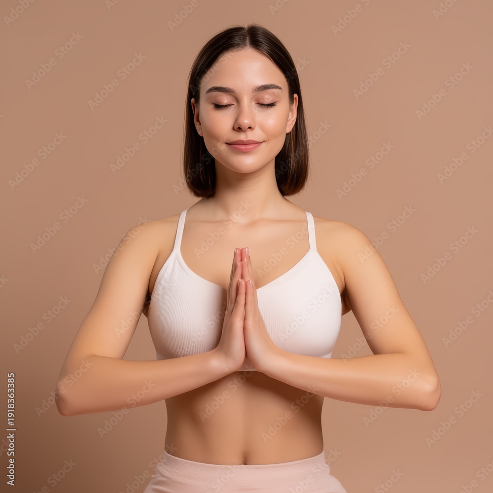Obraz premium A serene woman practices mindfulness with her hands in a prayer position, radiating calmness against a neutral background.