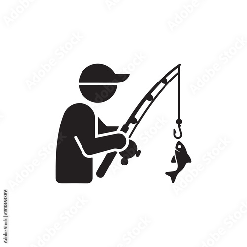 Fishing Icon Vector – Fisherman Catching Fish with Rod Flat Silhouette Design