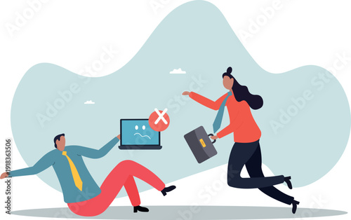 Computer outage, error or failure causing by software update mistake, operating system crash or cyber attack,human life and situation.