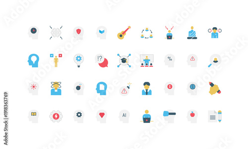 Colorful flat icons representing mind process, thinking, learning, creativity, and mental health, education, psychology, and business concepts isolated on white background vector illustration