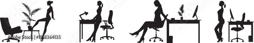 "Vector Illustration of Woman Working in Various Office Positions – Sitting, Standing, and Working at Desk with Laptop"
