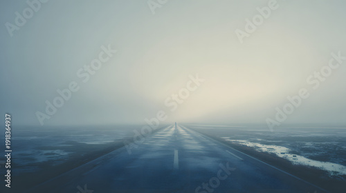 Empty road fading into soft morning fog, minimal surreal calm atmosphere, cinematic depth, ultra realistic lighting